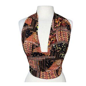 Free People Heather Print Bronze Combo Boho Halter Top Plunging Neckline LG NWT